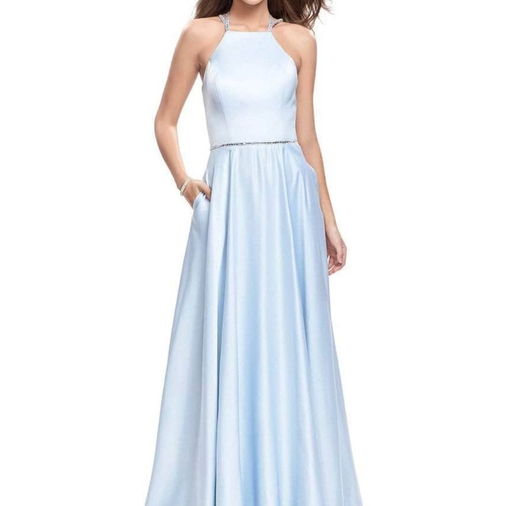 NWT La Femme 26269 Satin Prom Dress Black in Size 8
